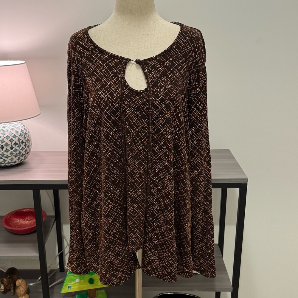 ✨ Vintage Yves St. Clair Brown & Gold Metallic Swing Top – Women’s L ✨